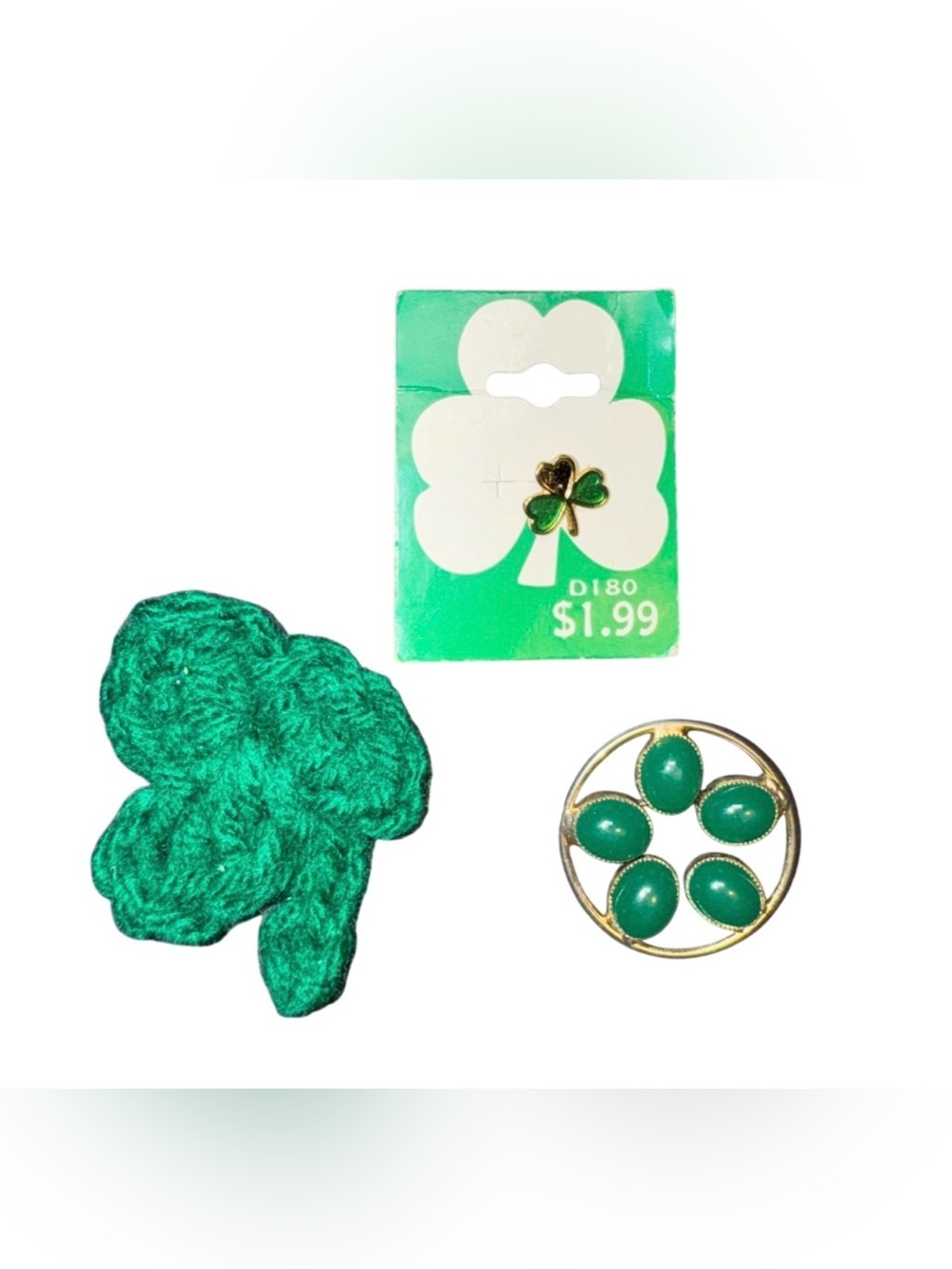 St. Patrick’s Day Brooch Pins Round Gold Tone Crocheted & Vintage Unmarked Set/3